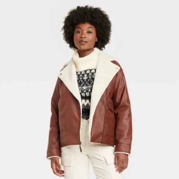 Universal Thread Oversized Faux Leather Moto Jacket Sherpa Brown XS NWOT - Picture 1 of 8